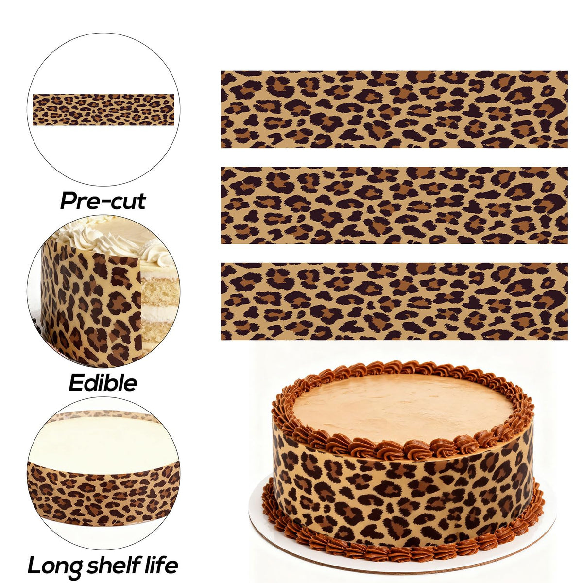 Fukaisu edible border enhances celebration desserts with vivid leopard pattern.