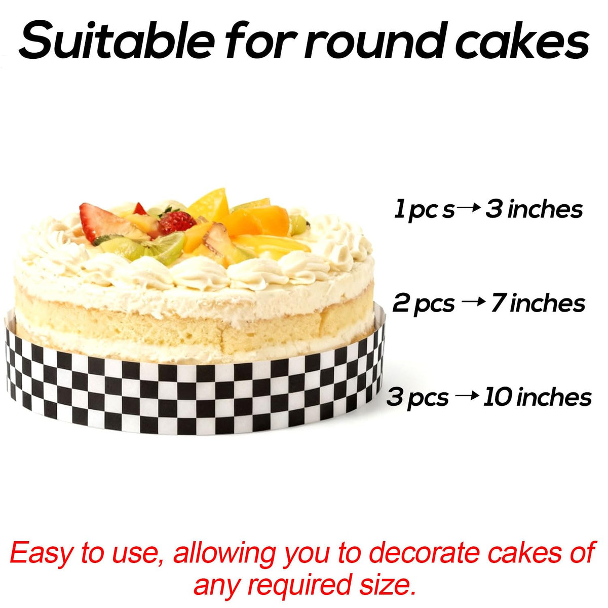 Fukaisu wrap-around border on a round cake showing flexible fit.