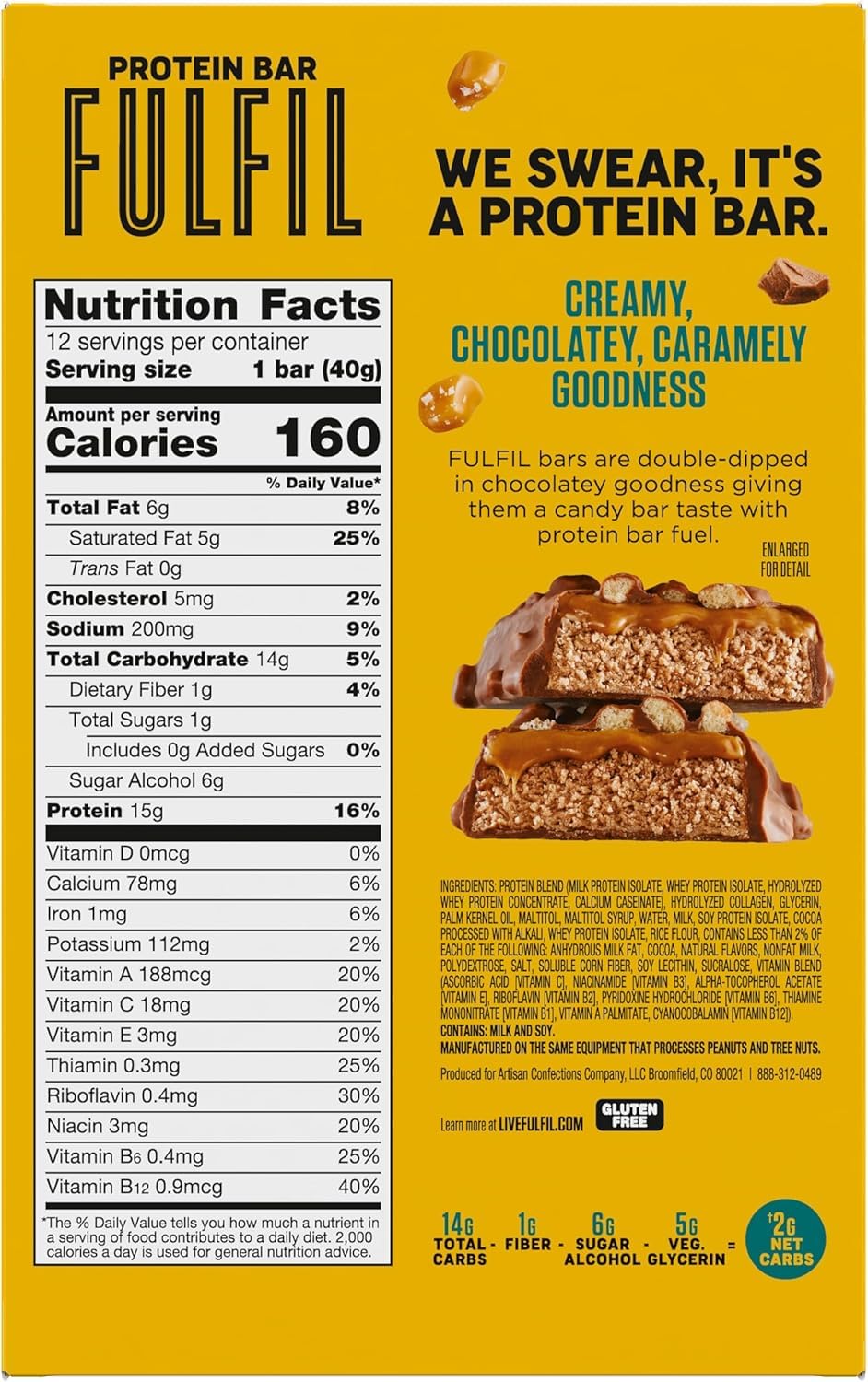 Gluten-free FULFIL bars with 15g protein and 1g sugar for a balanced snack.