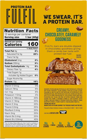 Gluten-free FULFIL bars with 15g protein and 1g sugar for a balanced snack.