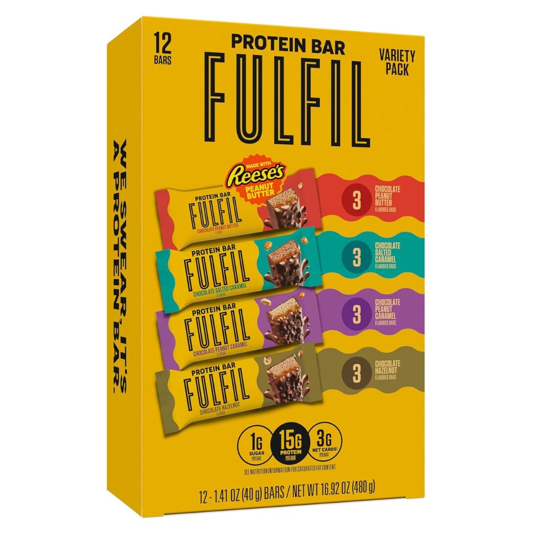 FULFIL Best Sellers Variety Pack bars on kitchen counter, convenient high-protein snack.
