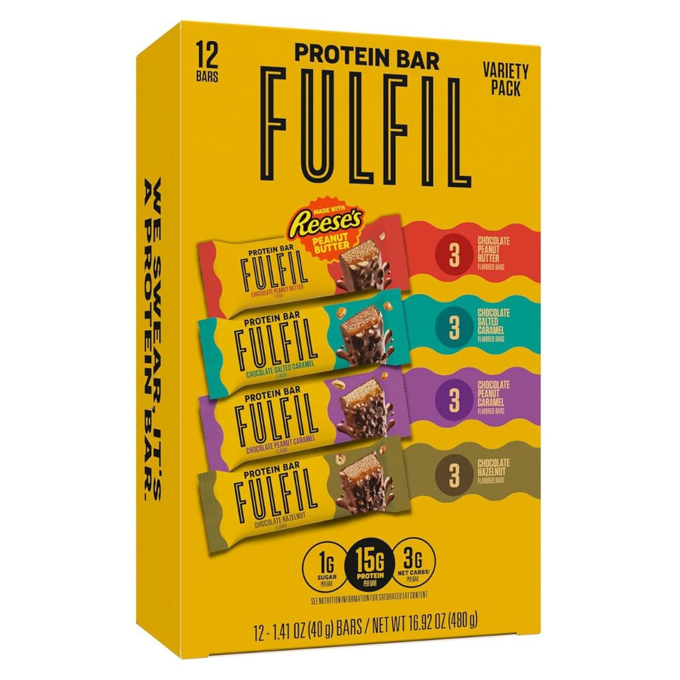 FULFIL Best Sellers Variety Pack bars on kitchen counter, convenient high-protein snack.