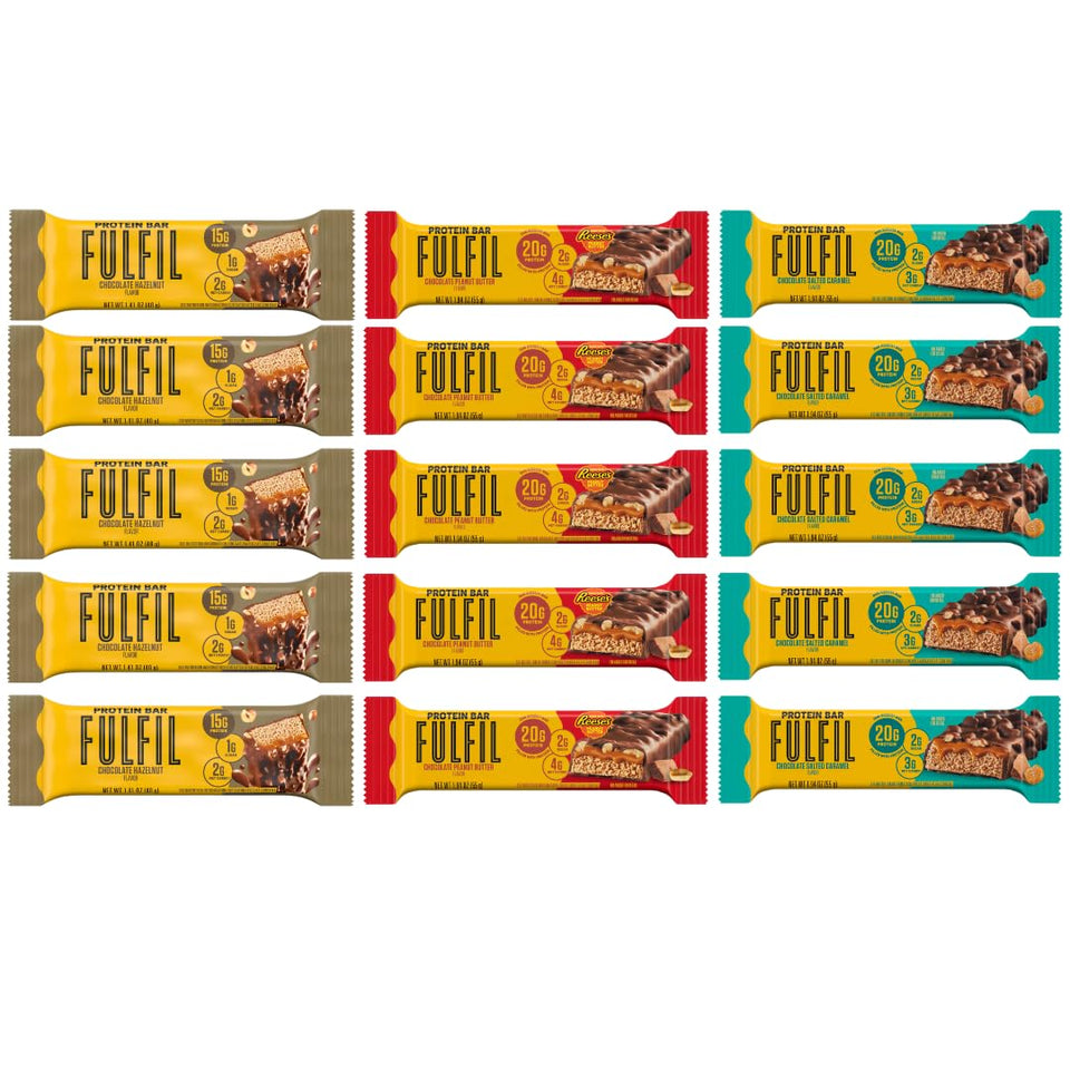Fulfil protein bar variety pack inside box showing three flavors for on-the-go fueling