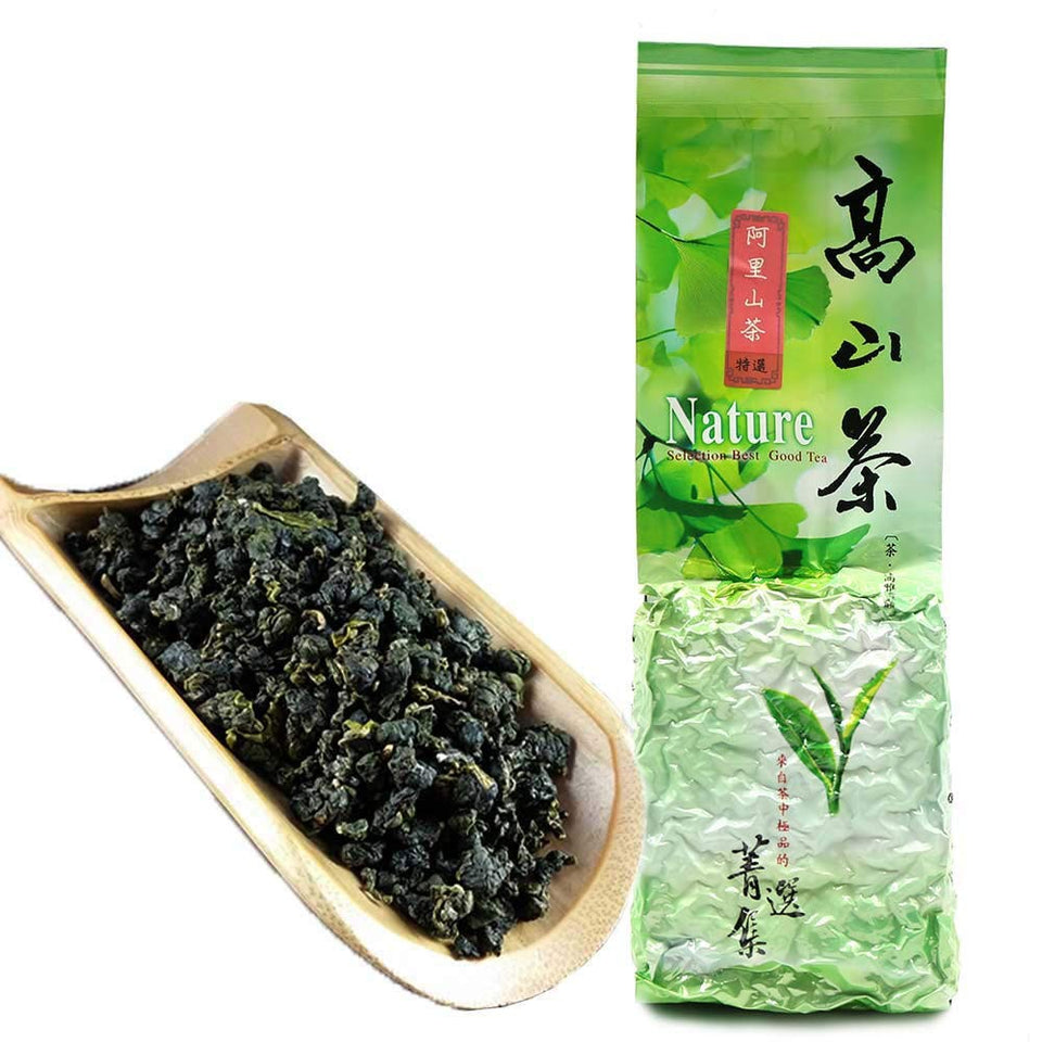FullChea Alishan Oolong tea leaves close-up showing premium buds for fragrant brewing.