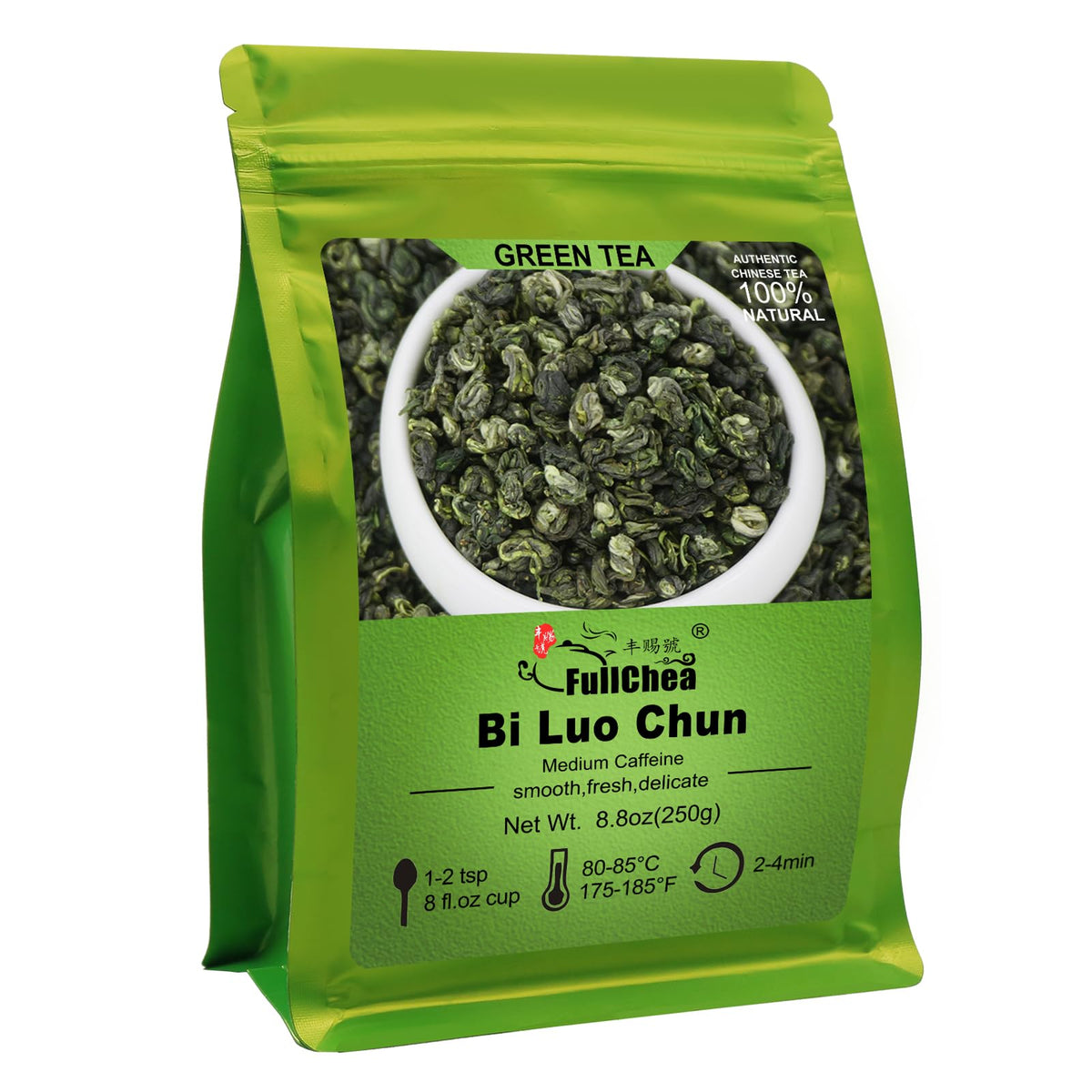FullChea Bi Luo Chun leaves close-up showing vibrant green color for a fresh brew.