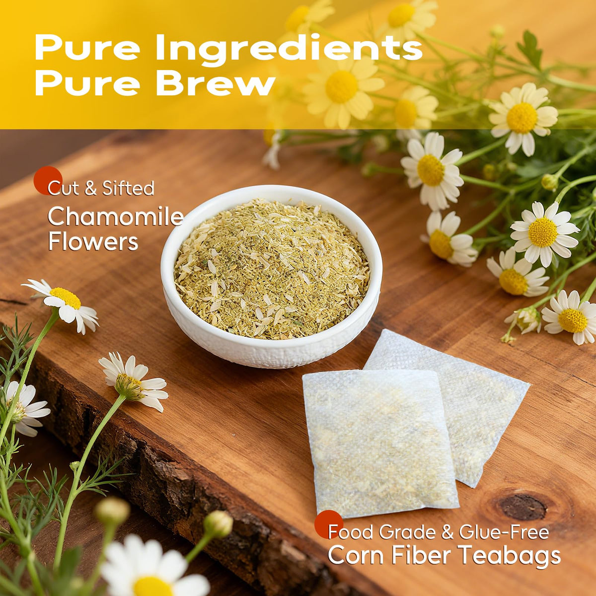 FullChea chamomile tea bag packaging; glue-free ultrasonic sealed for freshness.