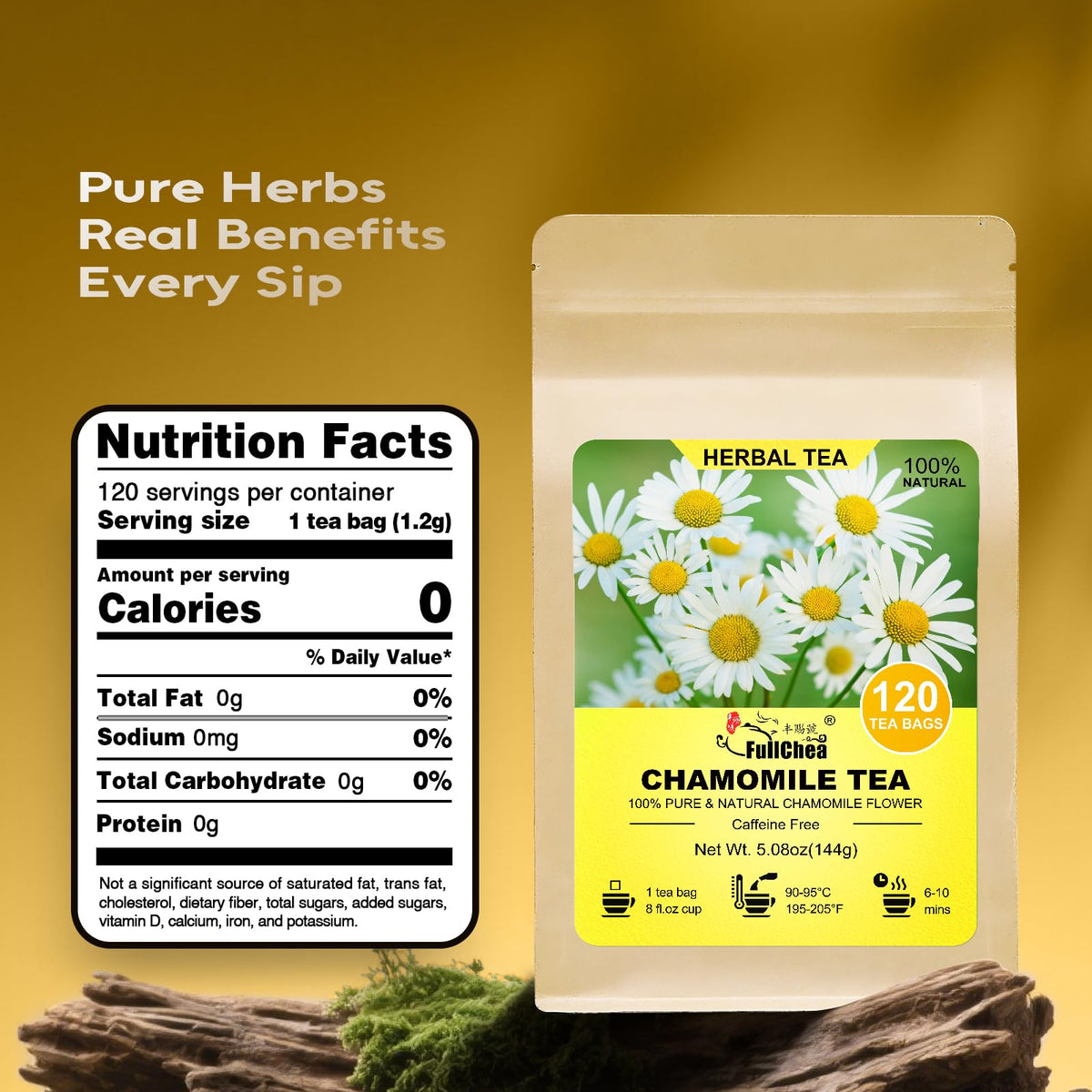 FullChea chamomile tea bag texture; gentle, caffeine-free relaxation.