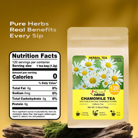 FullChea chamomile tea bag texture; gentle, caffeine-free relaxation.
