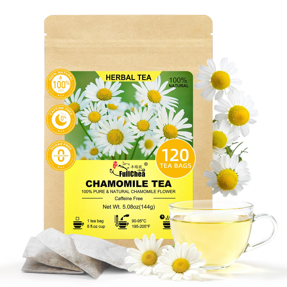FullChea chamomile tea bags 120-pack; pure relaxation and gentle digestion support.