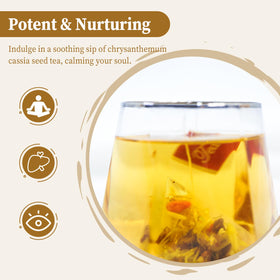Chrysanthemum bloom and tea steeping in FullChea blend with floral aroma.