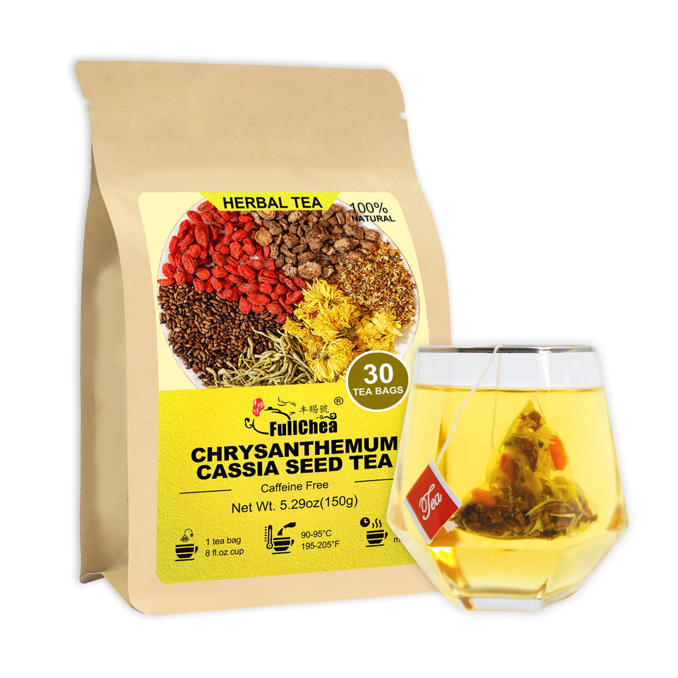 FullChea Chrysanthemum Cassia Tea packaging highlights premium ingredients and freshness.