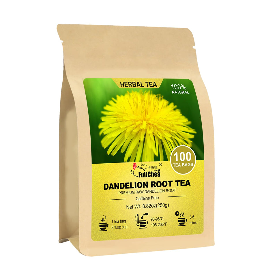FullChea dandelion root tea bags in resealable pack for lasting freshness.