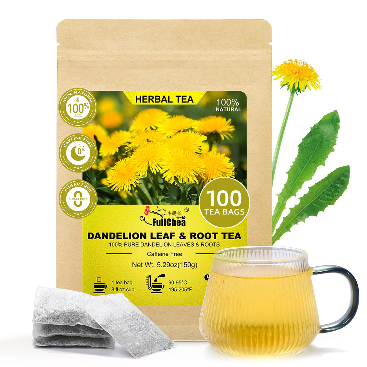 FullChea dandelion tea bags pack shot showing 100 bags for daily detox.
