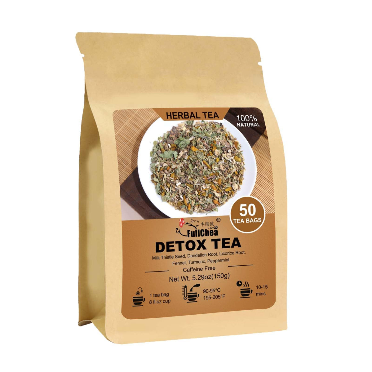 FullChea Detox Tea Bags packaging highlights premium herbs for daily use