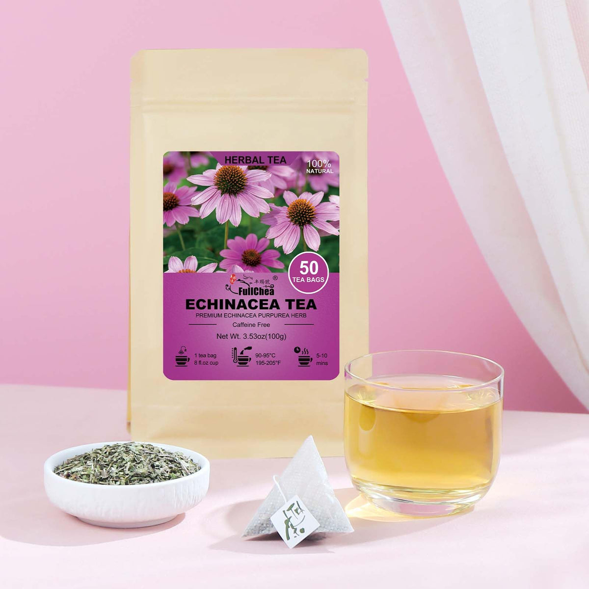 FullChea Echinacea Tea brew pour demonstrates easy steeping for a cozy moment