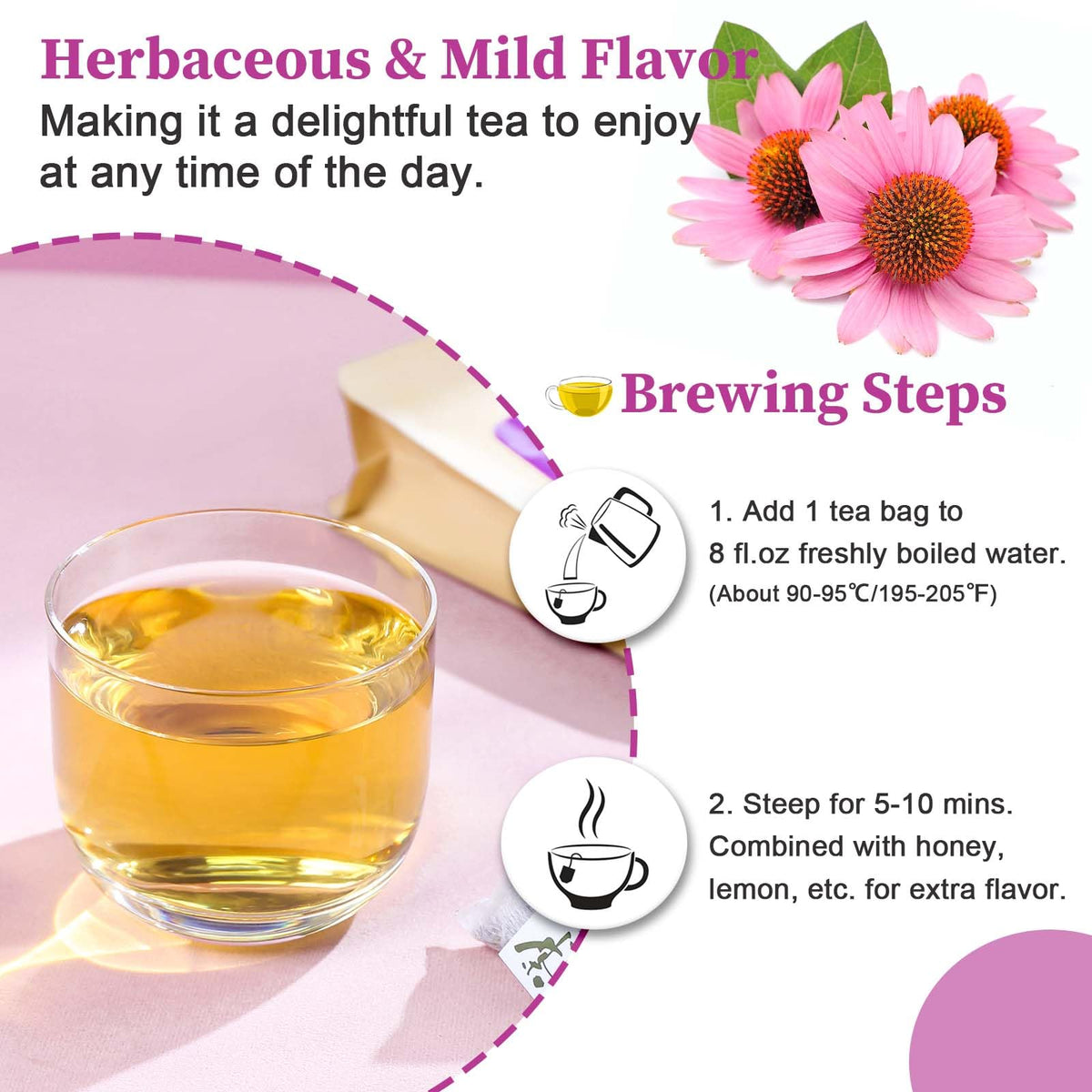 FullChea Echinacea Tea cup steaming invites a relaxing ritual with warm aroma