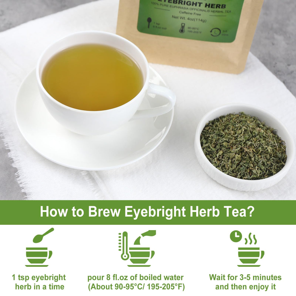 Brewing FullChea Eyebright Tea in a cup delivers a refreshing, grassy aroma.