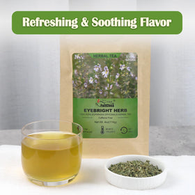 Close-up of FullChea Eyebright Tea label highlights non-GMO ingredients.