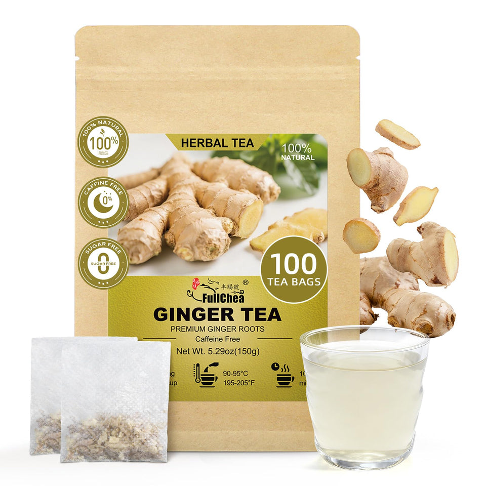 FullChea ginger tea bags packaging with a 100-count box, ideal for daily use.