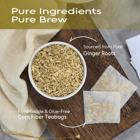 FullChea ginger tea bags steeping in hot water illustrate a simple, comforting ritual.