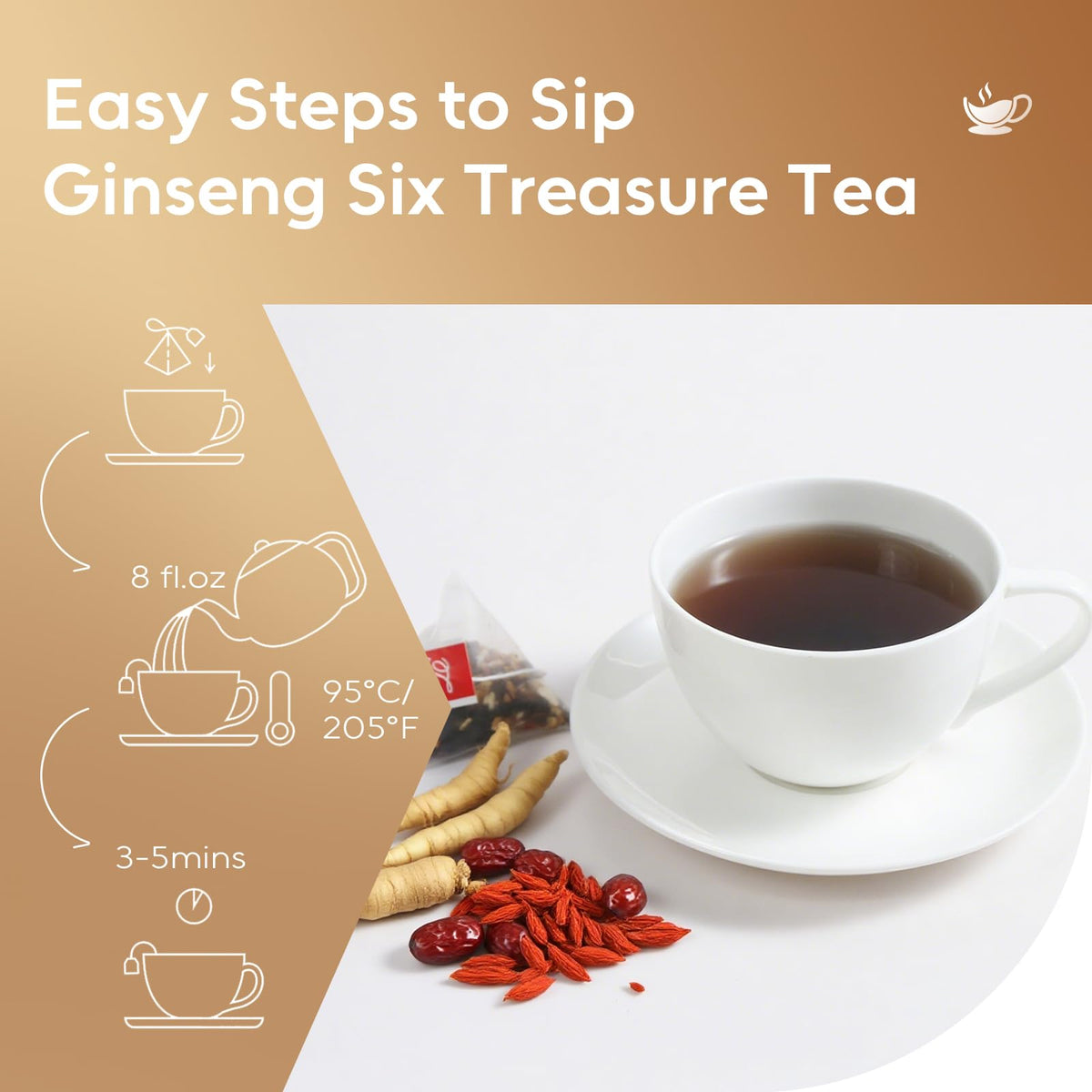Hot-brewed FullChea Ginseng Six Treasure Tea in a mug exudes soothing aroma.
