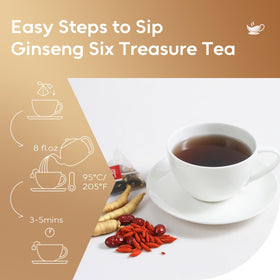 Hot-brewed FullChea Ginseng Six Treasure Tea in a mug exudes soothing aroma.