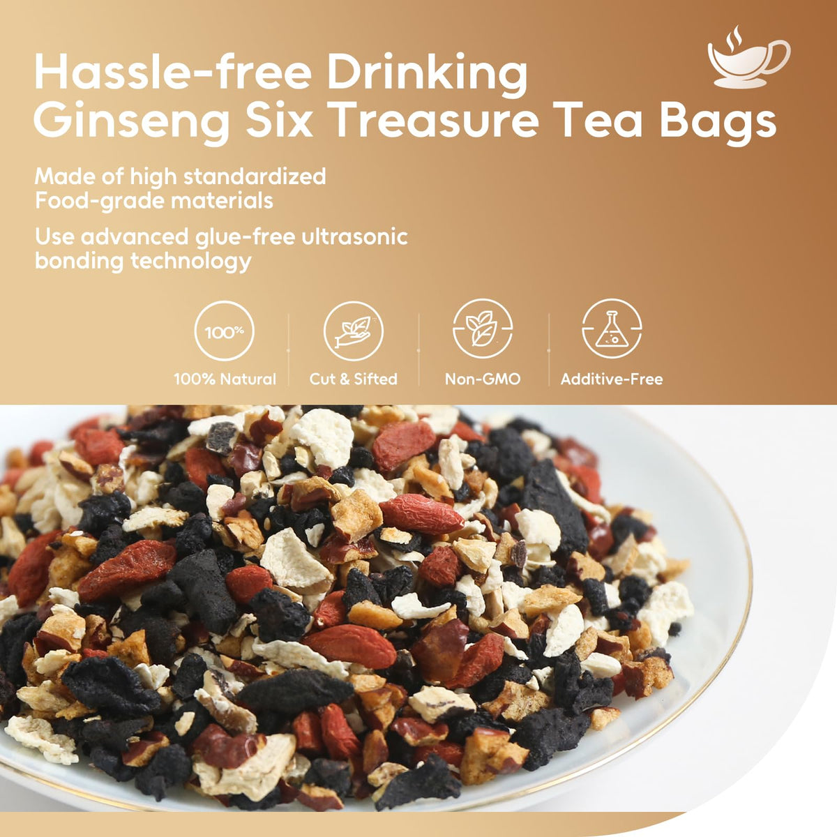 Close-up of FullChea ingredients including ginseng and goji berries for a wholesome blend.