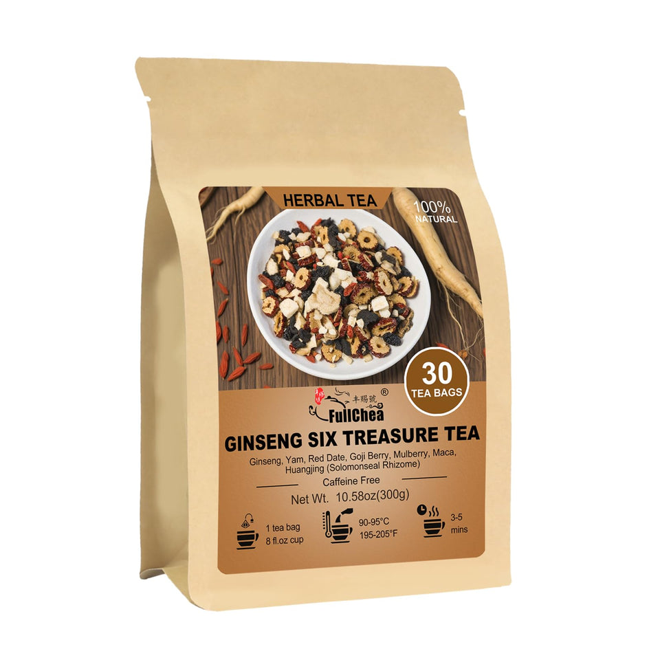 FullChea Ginseng Six Treasure Tea packaging highlights the premium herbal blend for daily wellness.