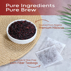 FullChea hibiscus tea bags hot brew with tart aroma and ruby infusion.