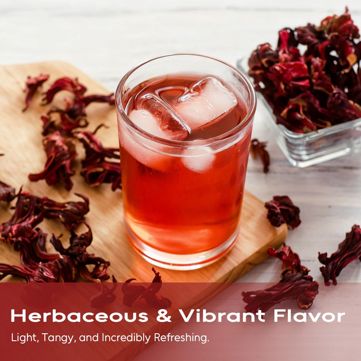 FullChea hibiscus tea bags served iced for refreshing, caffeine-free hydration.