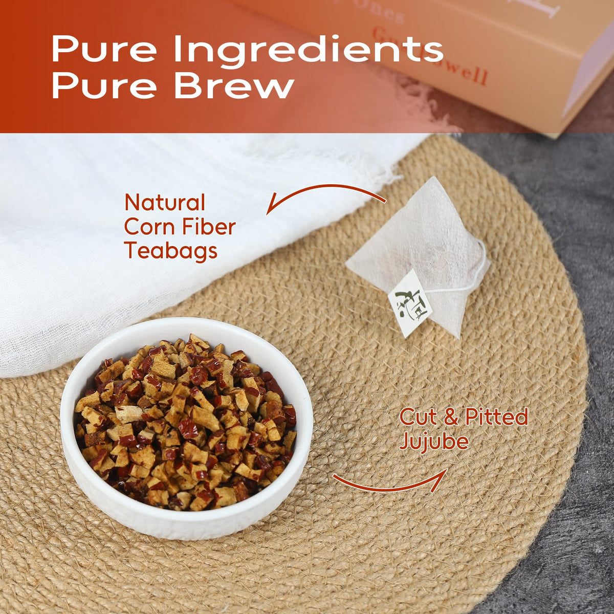 FullChea Jujube tea bags made with natural corn fiber.