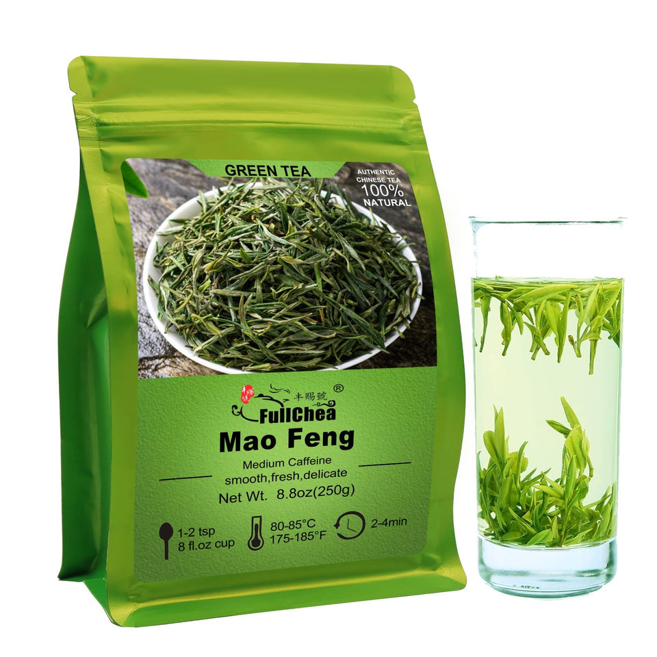 FullChea Mao Feng leaves closeup; delicate aroma and vibrant color ideal for a refreshing ritual.