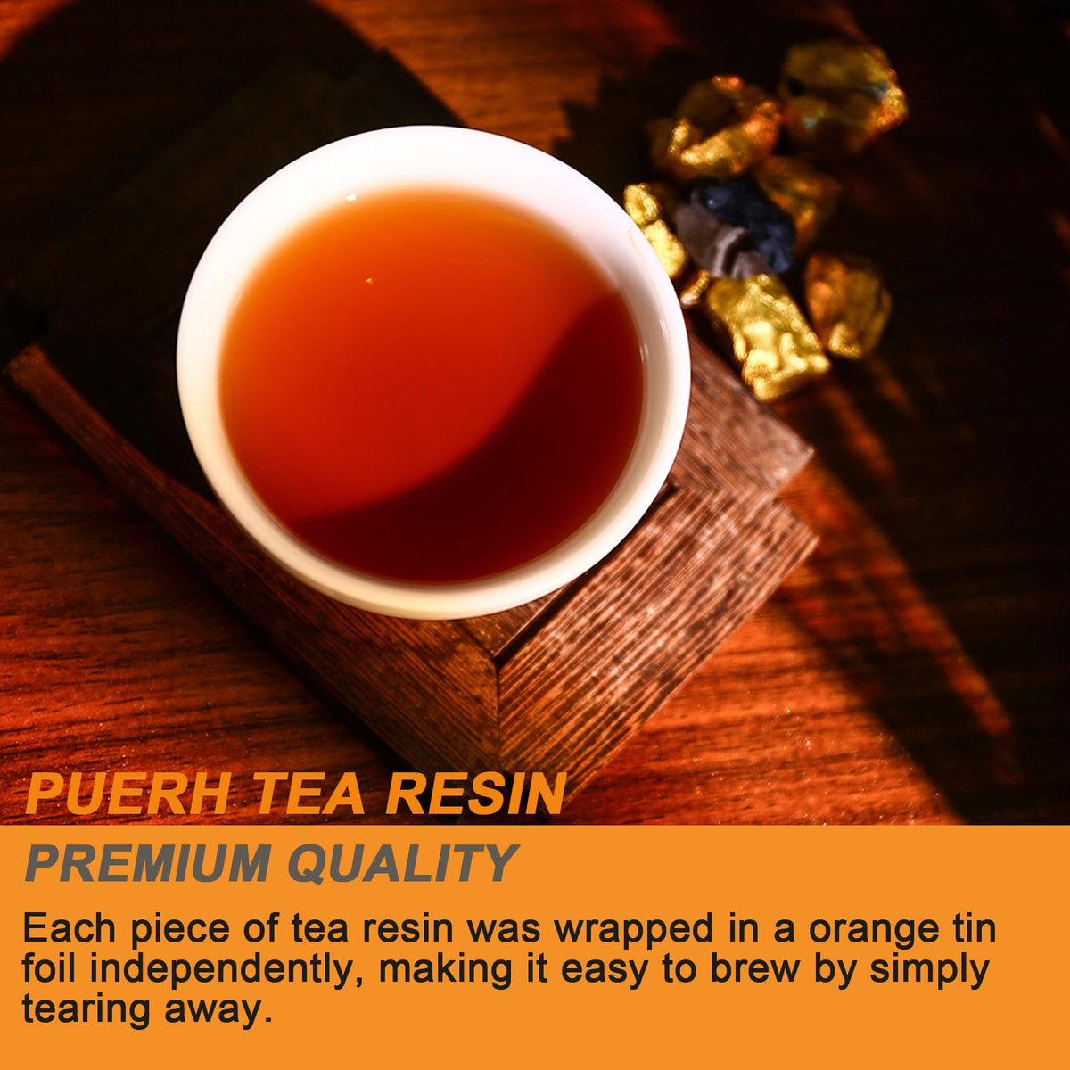 Cup of FullChea Pu-Erh Tea Resin with mellow notes.