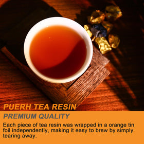 Cup of FullChea Pu-Erh Tea Resin with mellow notes.