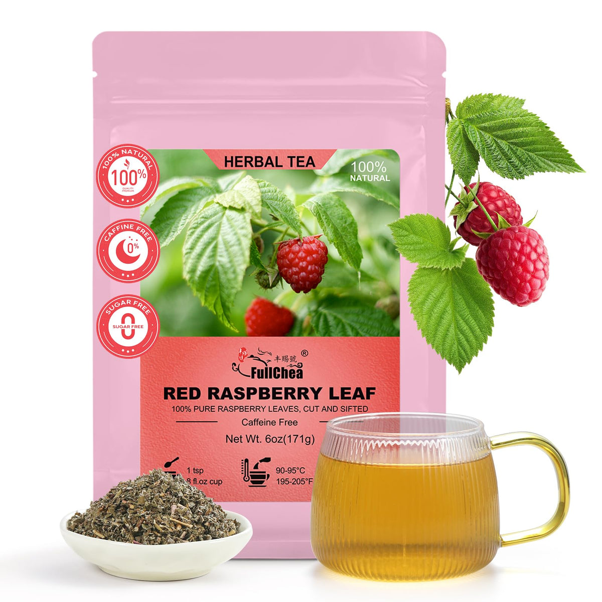 FullChea red raspberry leaf tea loose-leaf close-up highlighting purity and aroma