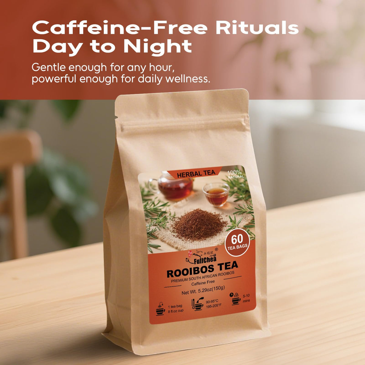 FullChea Rooibos tea bag with golden amber hue, versatile blends.