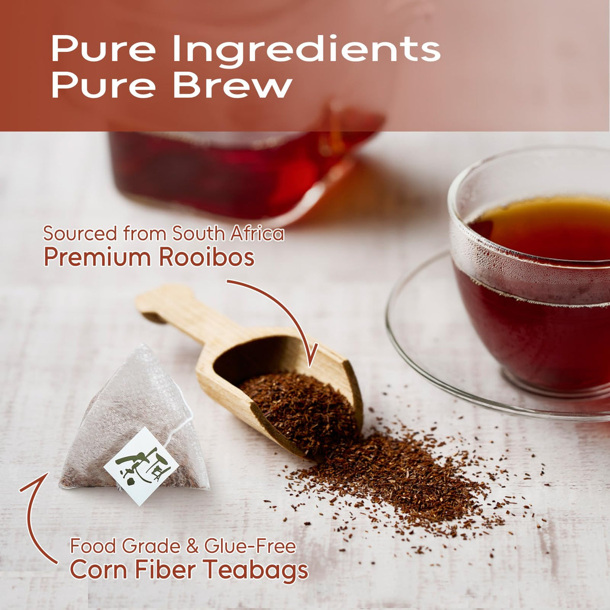 FullChea Rooibos tea bag steeping in a cup, releasing authentic flavor.