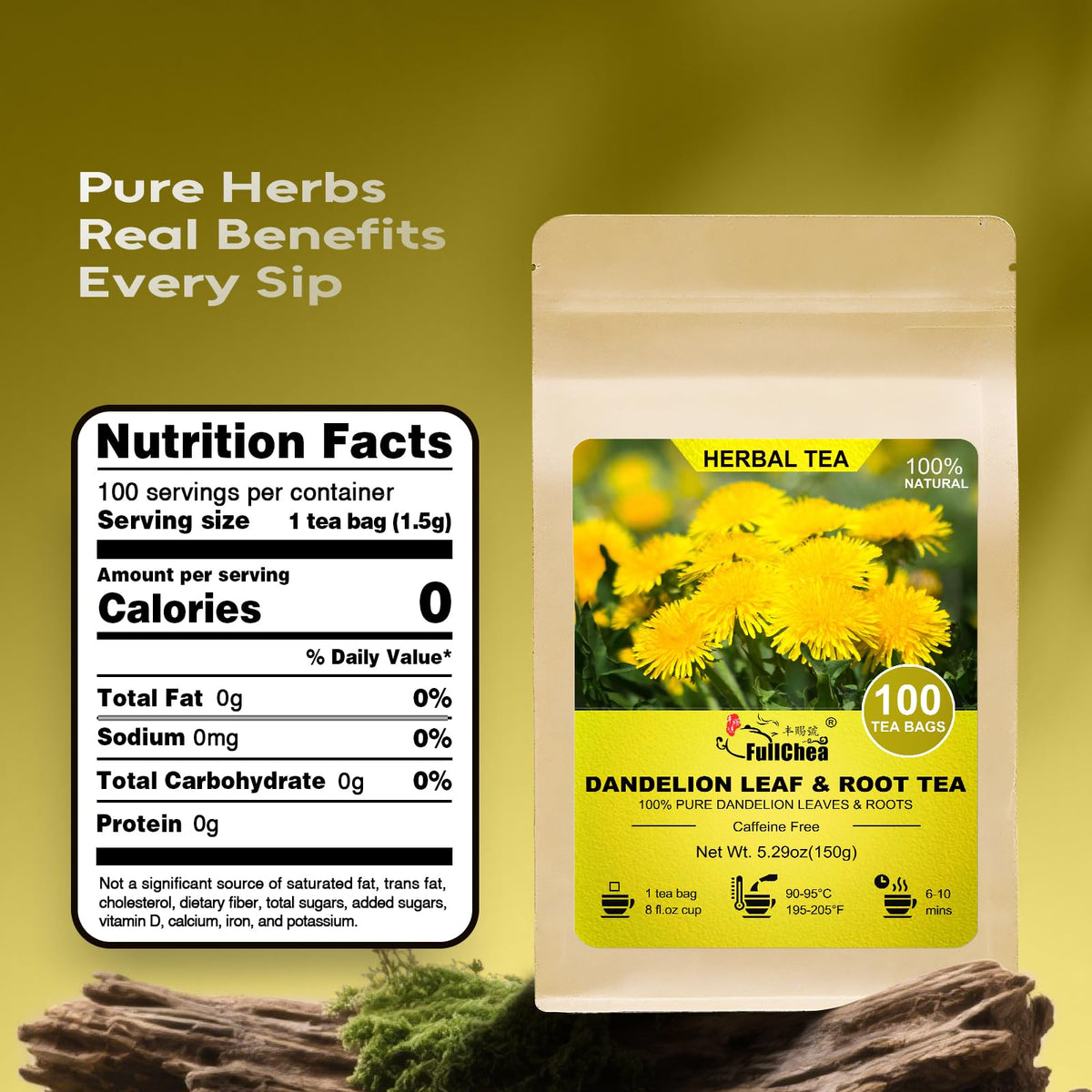 FullChea sun-dried dandelion leaves and roots featured in natural blend.