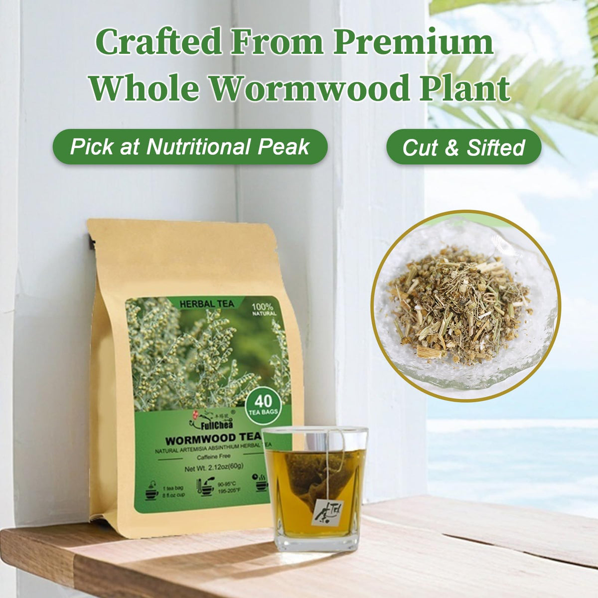 Steeping FullChea wormwood tea bags releasing a bitter aroma for a soothing cup.