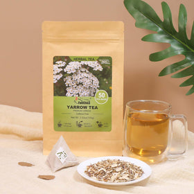 FullChea Yarrow tea bag label highlighting premium non-GMO ingredients.