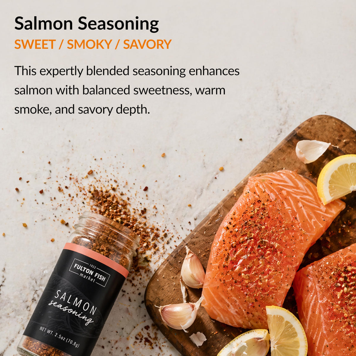 Grill-ready crust from Fulton Fish Market seasoning on seafood