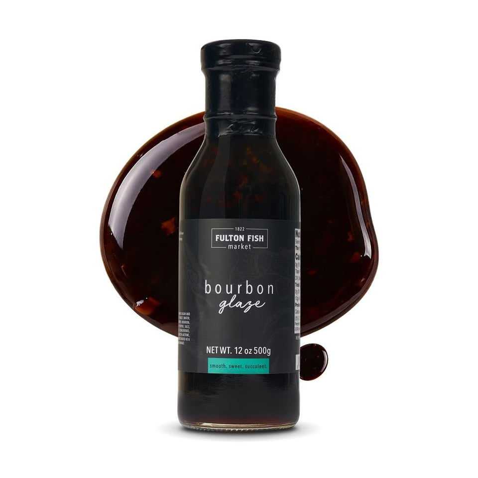 Fulton Fish Market Sweet Bourbon glaze bottle ready for cooking, offering rich, caramelized flavor.