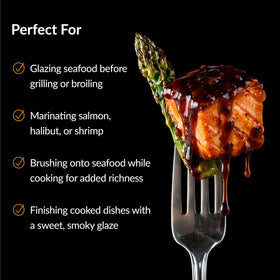 Coated halibut with Fulton Fish Market glaze for a glossy, flavorful finish.
