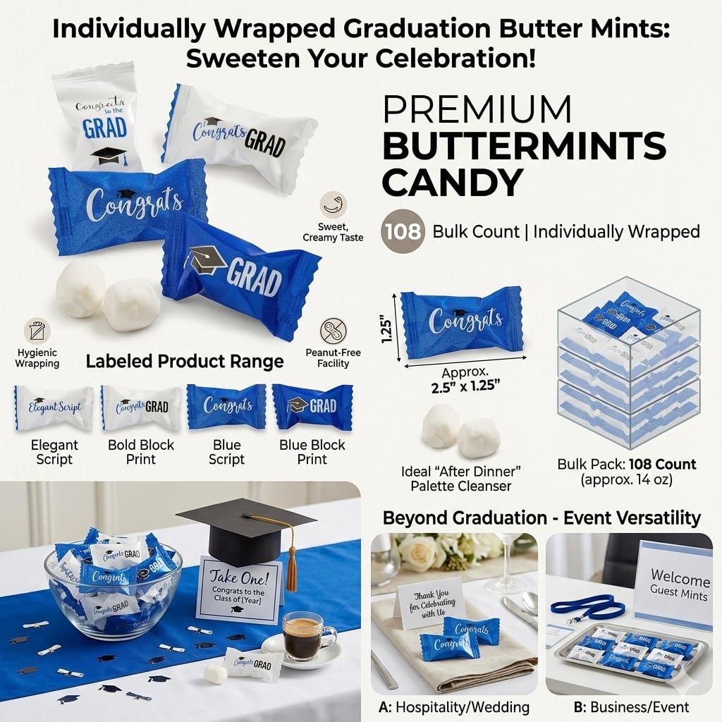 Fun Express blue and white mints arranged for candy buffet.