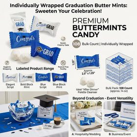 Fun Express blue and white mints arranged for candy buffet.