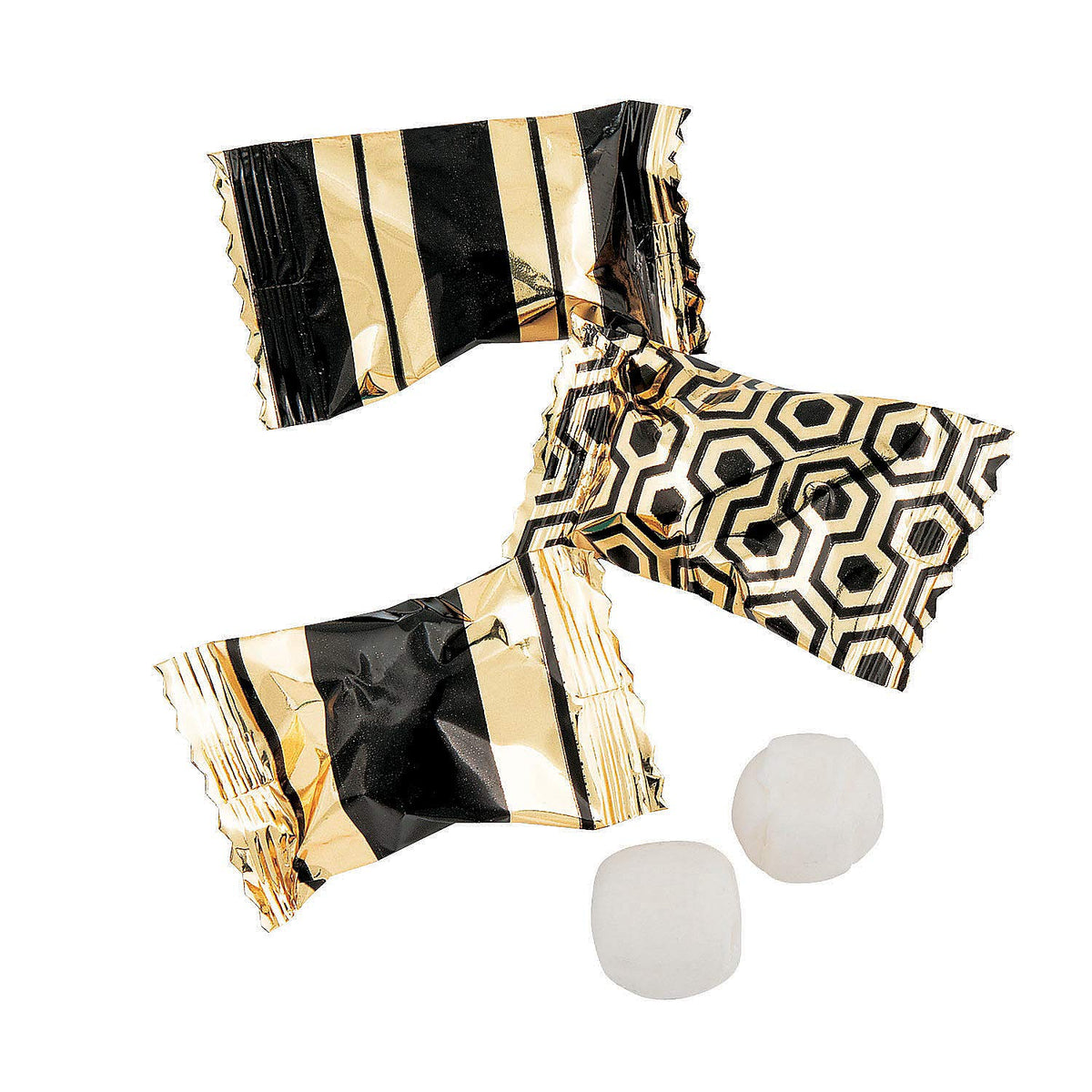 Black and gold mints add sophistication to guest tables and candy displays.