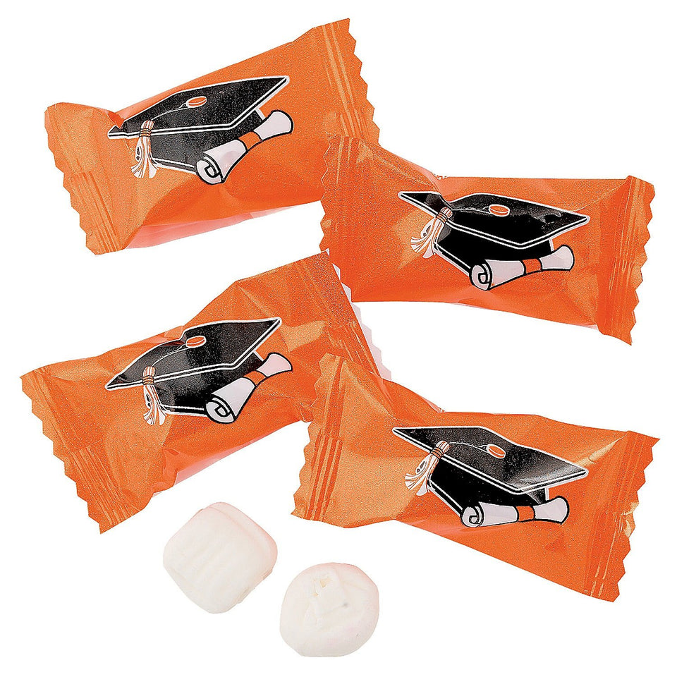Fun Express Graduation Buttermints orange candy, ideal for party favors and dessert tables.