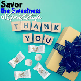 Elegant gold script adds subtle décor to table settings and gift bags.