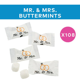 Fun Express Mr and Mrs buttermints at place settings, perfect for guest gift bags.