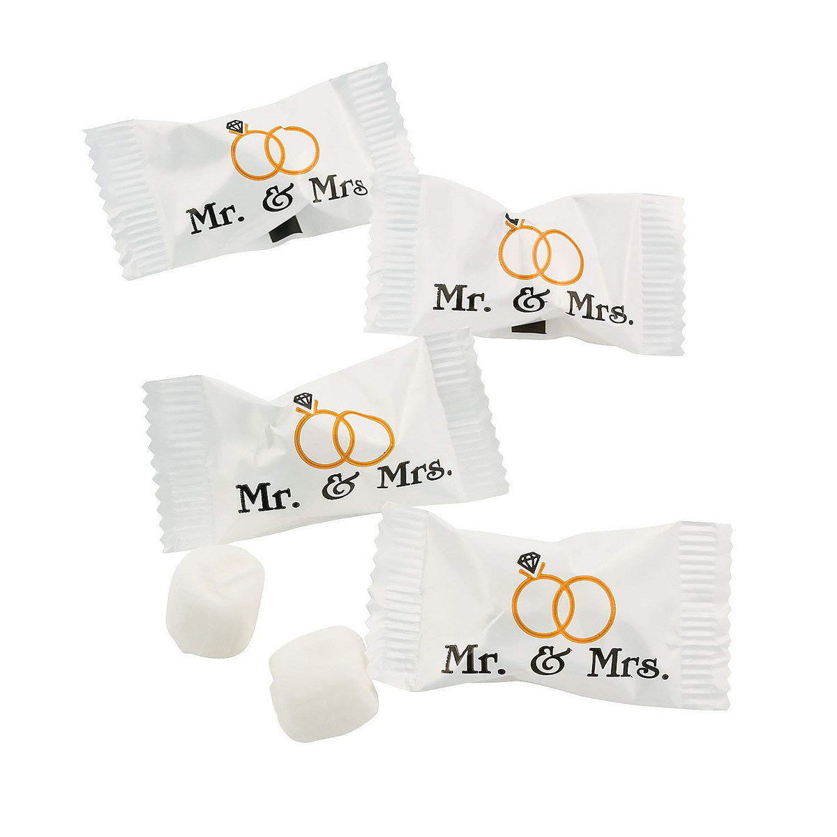 Fun Express Mr and Mrs buttermints with elegant wrapper design, ideal for wedding favors.